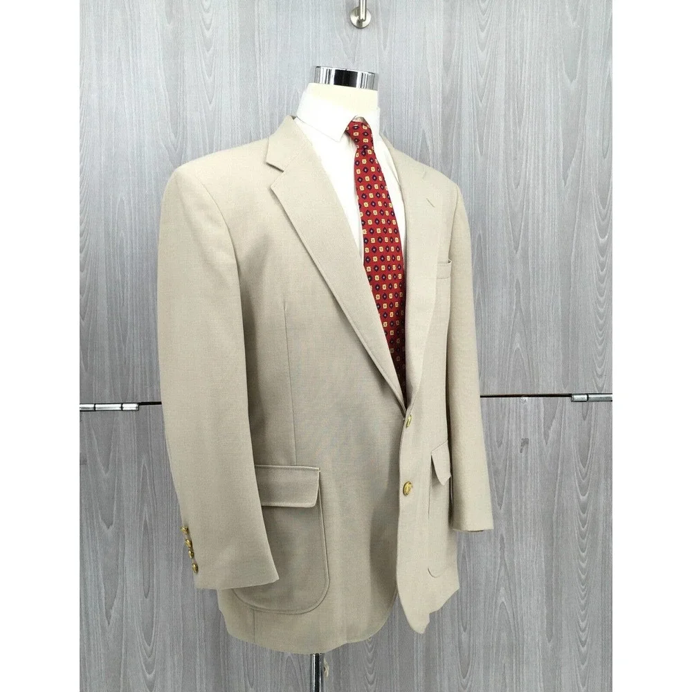 John Weitz Mens Beige Hopsack Blazer Gold Crest Buttons Sport Coat Tan